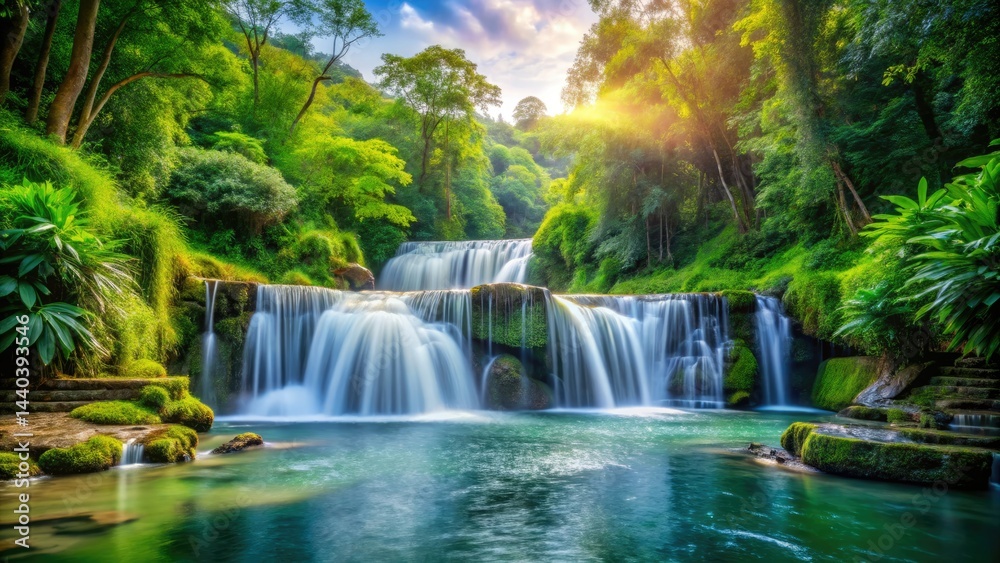 Fototapeta premium Double Waterfall Lush Landscape Photography, Tranquil River Scene, Nature Wallpaper, Serene Waterfall Background