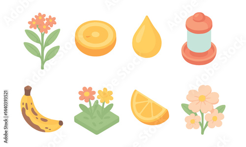 Summer freshness icons set – flowers, banana, honey, citrus, nature