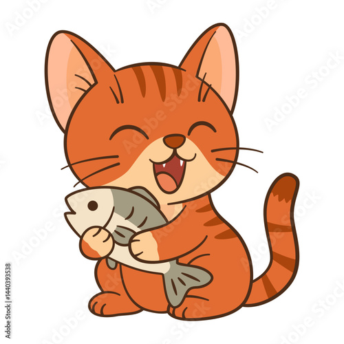 Cute ginger tabby kitten hugs fish. Flat style Chibi cat clean, simple design. Perfect for children’s content, greeting cards, stickers, tshirts, mug and posters. Vector illustration