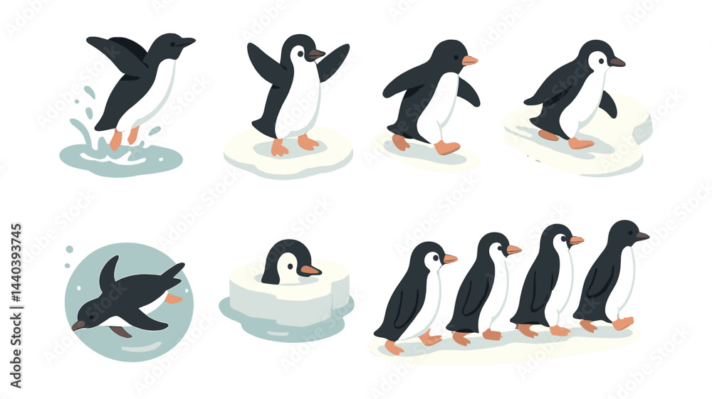 Obraz premium Penguin activity icons set – swimming, jumping, waddling, huddling, ice, splash, playful, cute