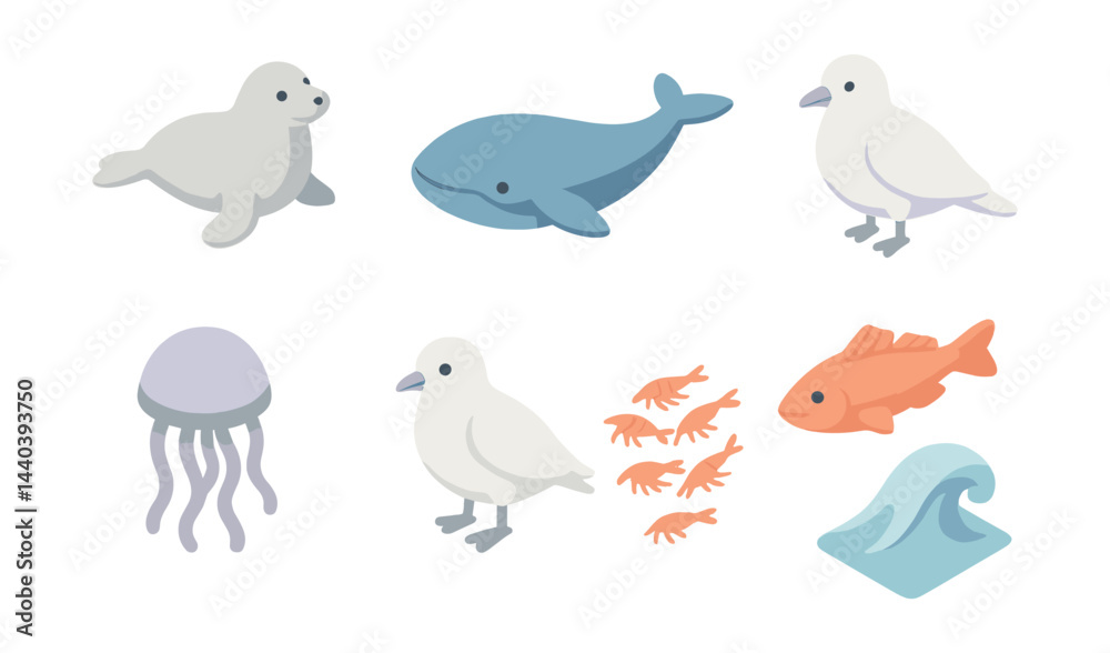Fototapeta premium Marine life icons set – seal, whale, gull, wave, jellyfish, fish, ocean