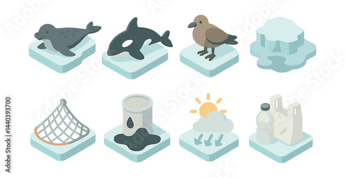 Marine environment icons set – seal, orca, bird, iceberg, net, oil, sun, recycle