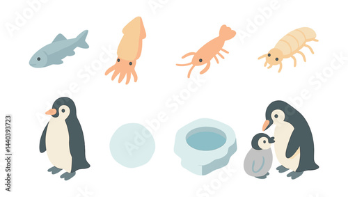 Antarctic wildlife icons set – penguin, fish, squid, krill, ice, chick, parent, nest
