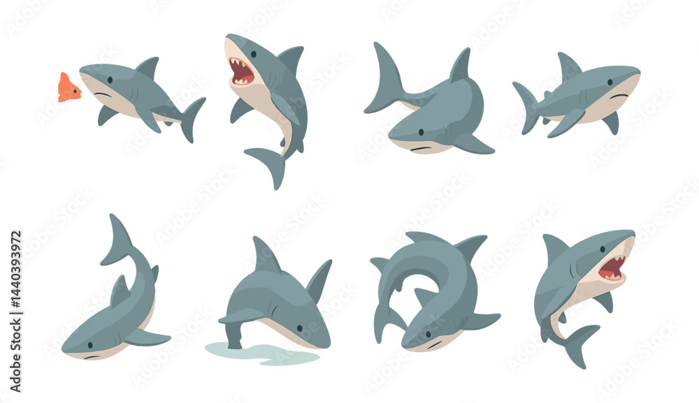 Fototapeta premium Shark icons set – great white, hammerhead, jaws, ocean, teeth, fin, danger, reef, swimming, hunting