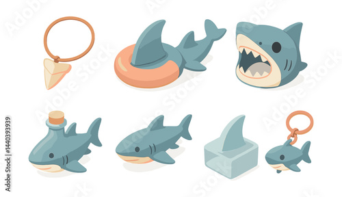 Shark-themed icons set – fin, tooth, bottle, float, jaw, keychain, ice