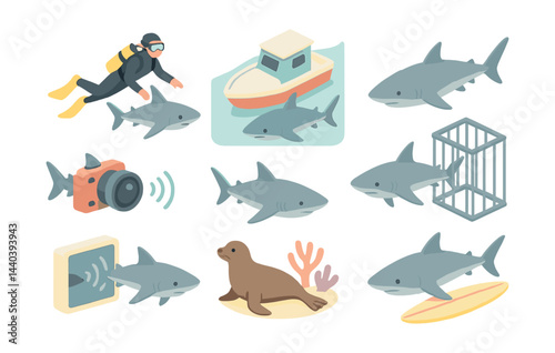 Marine exploration icons set – diver, sharks, boat, cage, camera, seal, coral