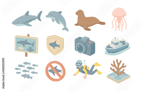 Marine life adventure icons set – shark, dolphin, seal, jellyfish, diver, coral
