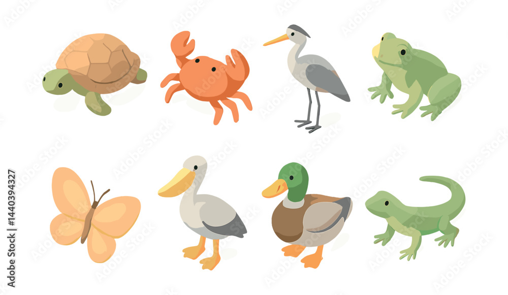 Naklejka premium Wildlife icons set – turtle, crab, heron, frog, butterfly, pelican, duck, lizard