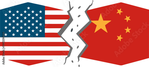 Broken USA and China Flags Vector Icon for Trade War News, International Conflict Reports, Economic Sanctions Analysis, and Geopolitical Tension Illustrations - Bold Red and Blue Minimalistic Design o