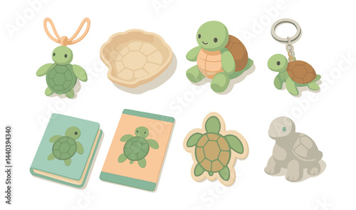 Turtle-themed icons set – plush, keychain, book, magnet, plate