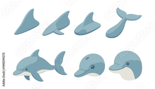 Marine life icon set – dolphin, fin, tail, ocean, aquatic, underwater, sea
