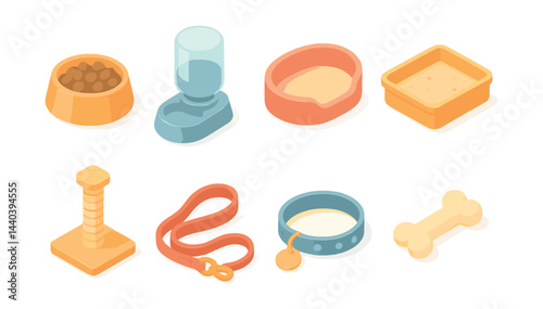Pet accessories icons set – bowl, feeder, bed, litter, scratcher, leash, collar, bone