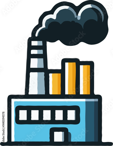 Yellow Garbage Truck Illustration Waste Management Vehicle Power plant industrial factory building with polluting smoke flat vector illustration