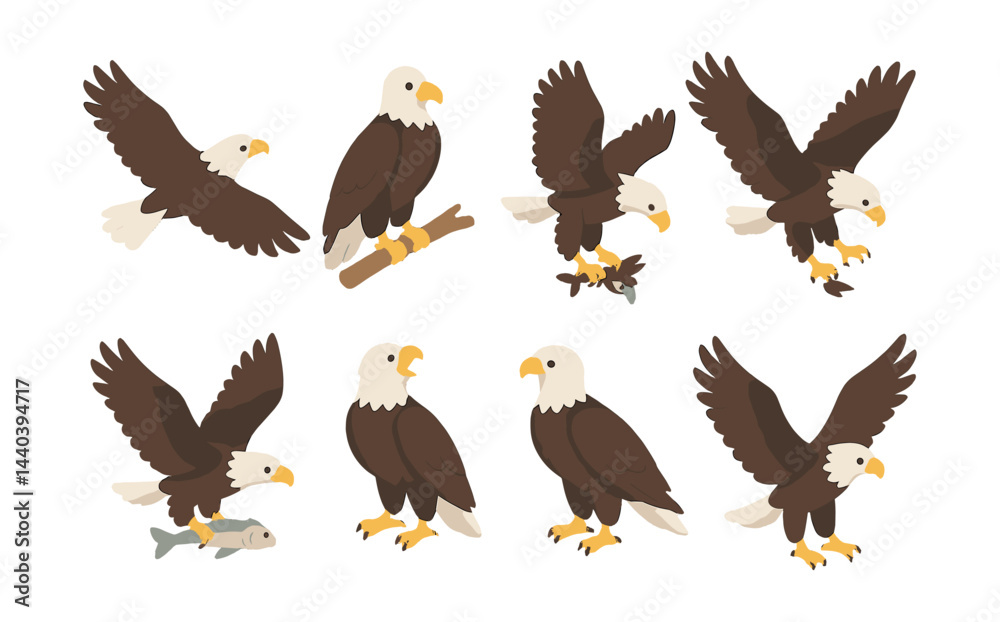 Fototapeta premium Majestic eagle icons set – flight, perch, fish, hunting, soaring, branch, wings, bird, freedom, nature