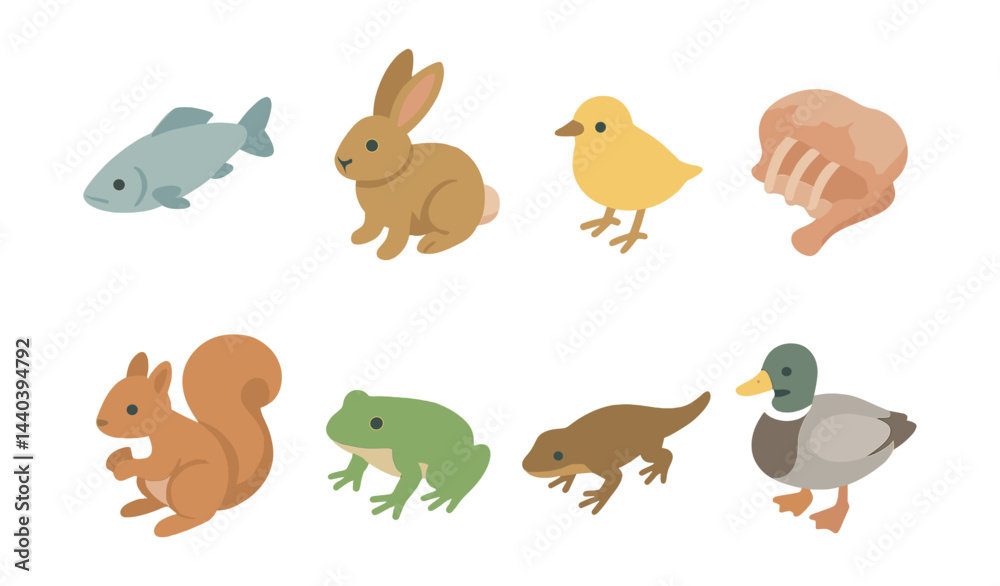 Naklejka premium Wildlife character icons set – fish, rabbit, chick, seashell, squirrel, frog, lizard, duck