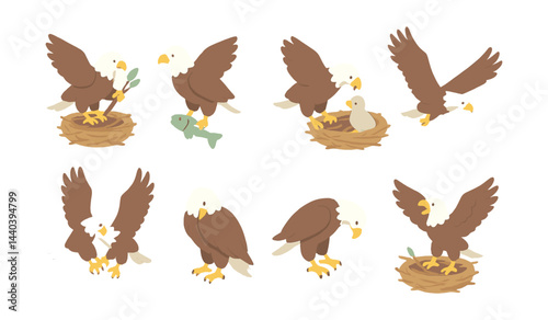 Bald eagle icon set – nest, fish, flight, perch, branch, wings, juvenile, prey, branch