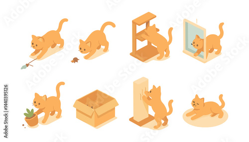 Playful cat activities icons set – chase, scratch, climb, hide, box, plant, exercise, fun, feline