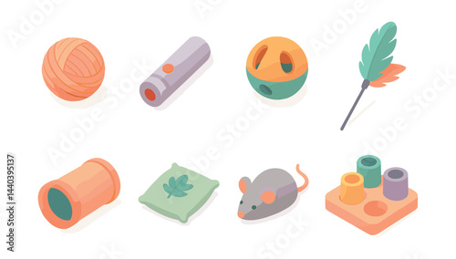 Pet toy icons set – yarn, laser, ball, feather, tunnel, pillow, mouse, puzzle