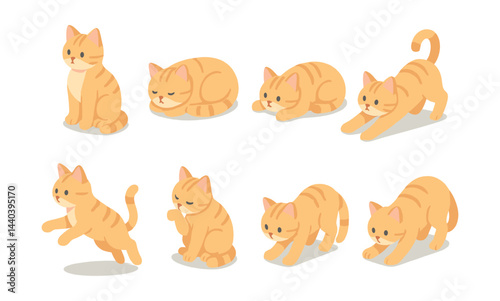 Cat poses icons set – sitting, sleeping, stretching, walking, grooming, playing, curled, standing