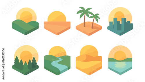 Scenic landscape icons set – sunrise, beach, cityscape, forest, river, desert, water