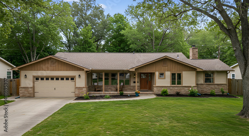 Ranch Home Exterior With Lush Green Lawn And Mature Trees At Daylight