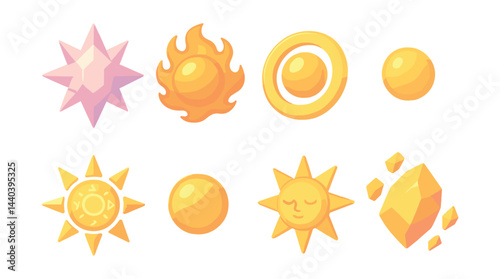 Celestial energy icons set – sun, star, flame, solar, radiance, cosmic, sphere