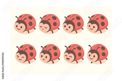 Cartoon ladybug emotions icon set – happy, sad, sleepy, surprised, laughing, winking