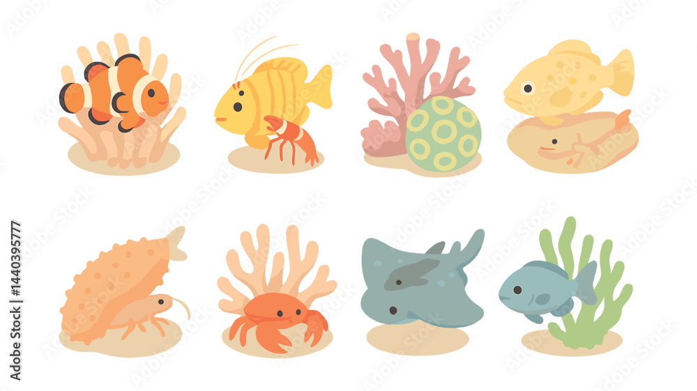 Fototapeta premium Marine life icons set – fish, coral, shrimp, stingray, seaweed