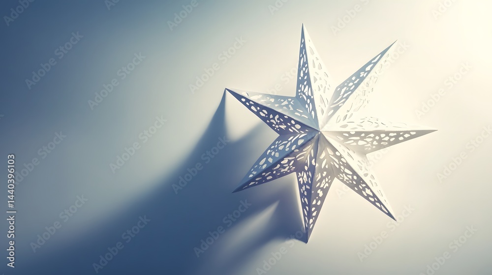 Elegant white paper star with intricate cut-out design, casting a soft shadow on a light blue background. Perfect for holiday or festive themes.