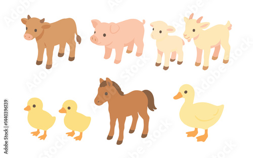 Farm animal icons set – cow, pig, goat, chick, horse, duck
