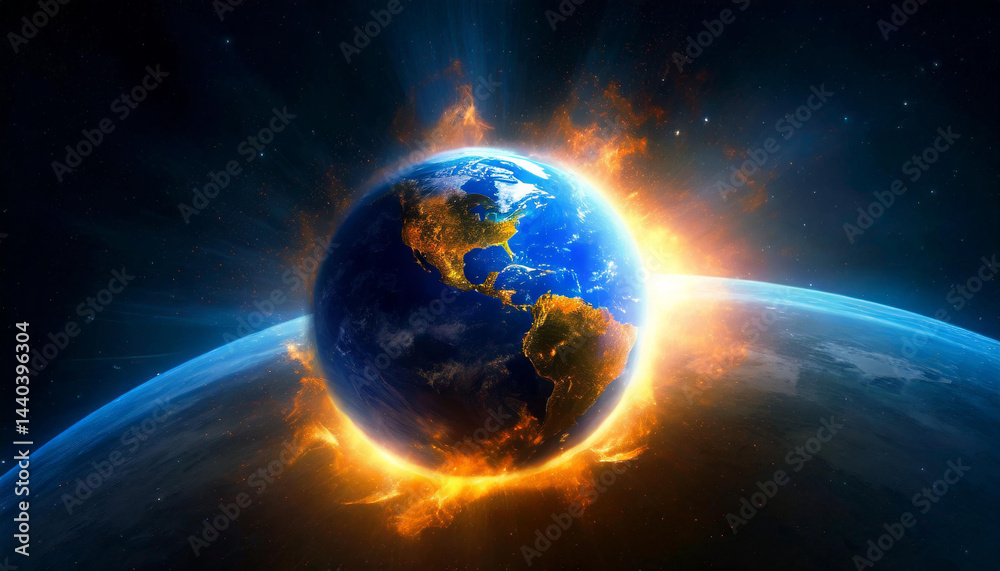 Global With Fire War, Earth Burning Galaxy, Space Background, Copy Space..., Global With Fire War, Earth Burning Galaxy, Space Background, Copy Space...,