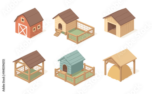 Farmhouse and animal shelter icons set – barn, coop, shed, ark