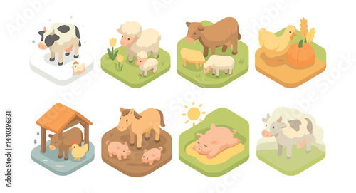 Adorable farm animals icons set – cow, pig, sheep, horse, chicken, sun, hay