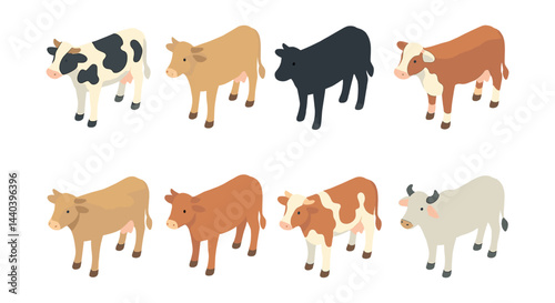 Farm animal icons set – cow illustrations in various colors and patterns