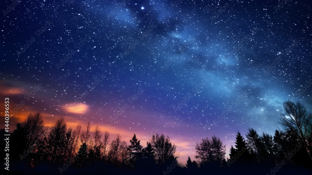 Fototapeta premium A serene night sky with stars and a silhouette of a forest in the foreground.