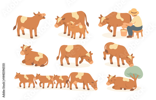 Farm animal icons set – cow, calf, milking, grazing, farmer, pasture