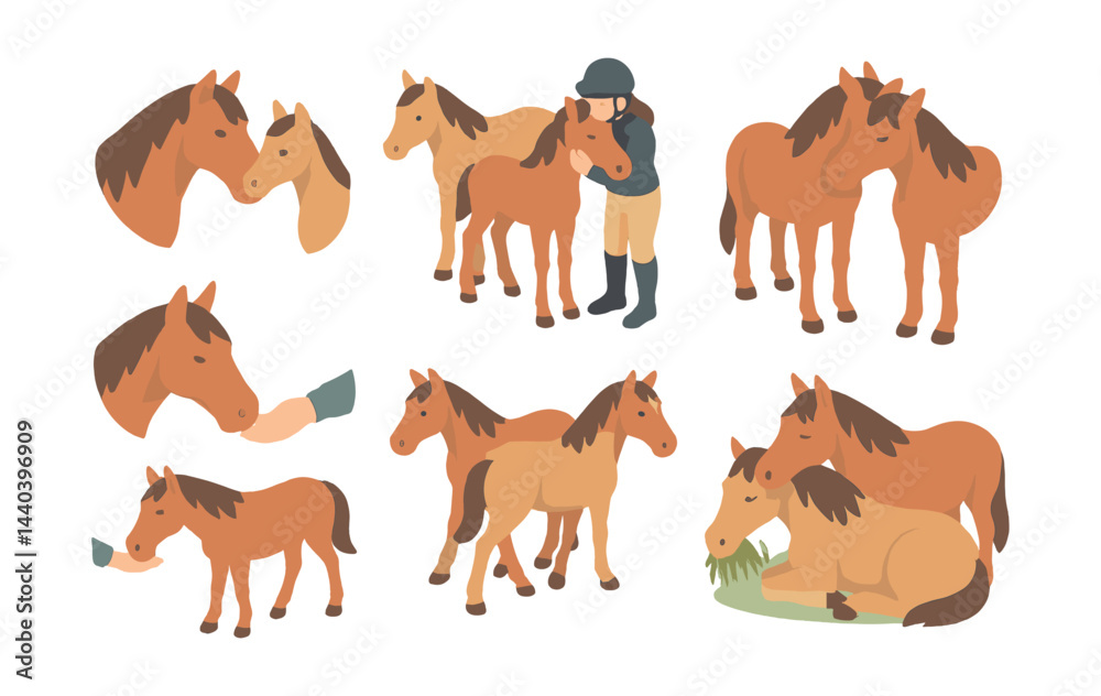 Fototapeta premium Equestrian icons set – horses, rider, feeding, foal, grazing, head