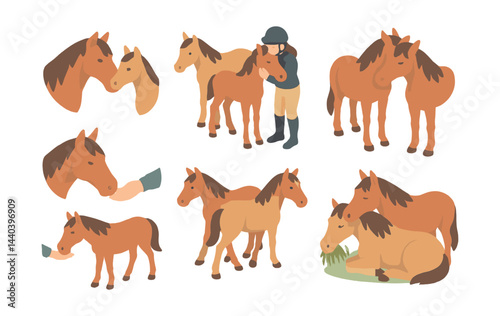 Equestrian icons set – horses, rider, feeding, foal, grazing, head