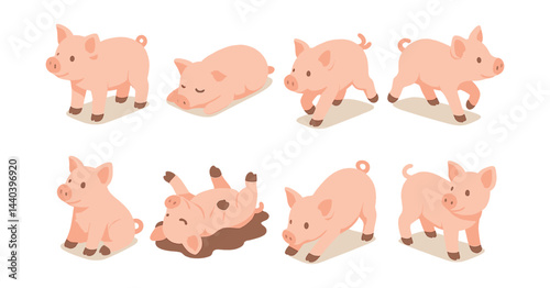 Cute piglet icons set – standing, sleeping, walking, mud play, sitting