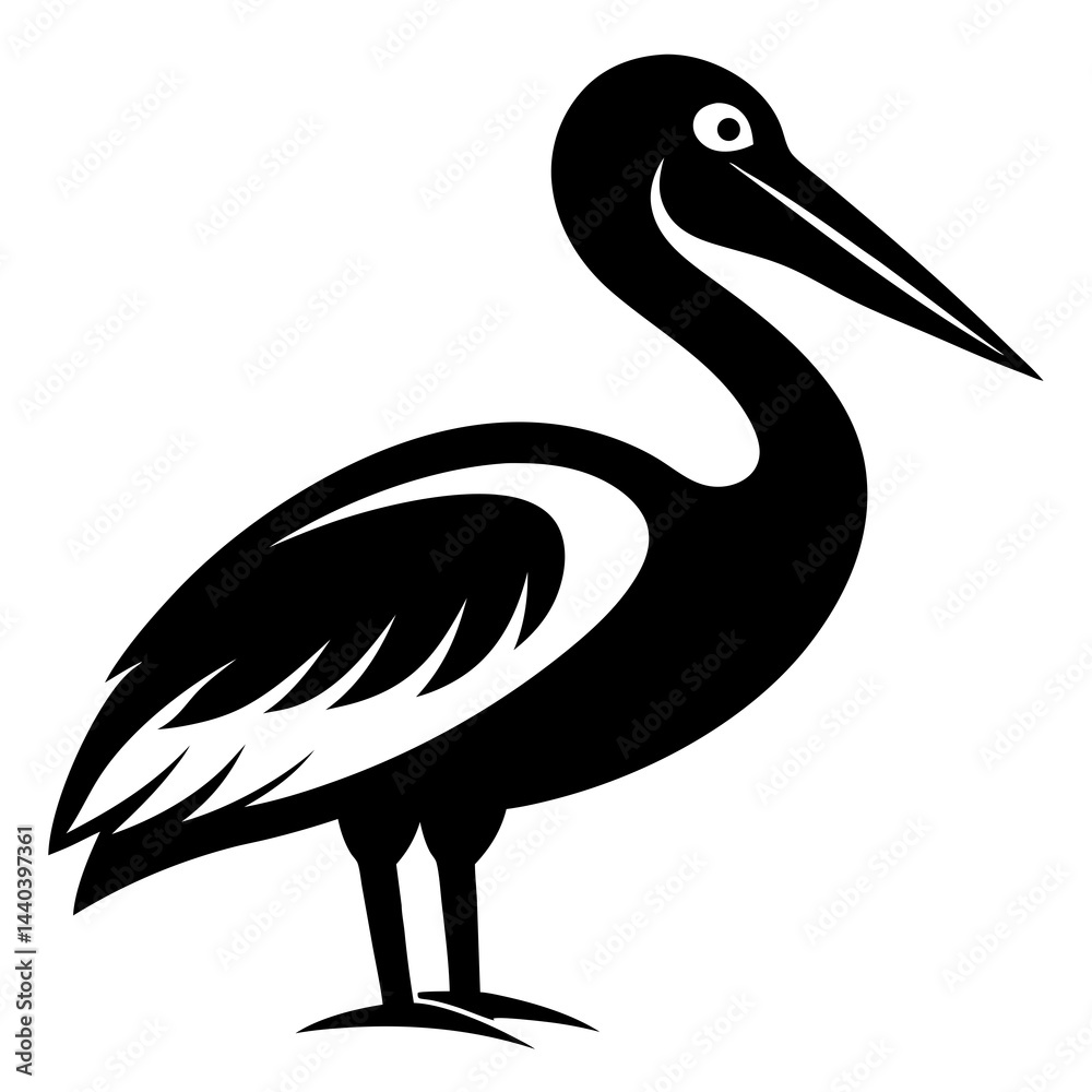 Fototapeta premium Pelican silhouette in black and white illustration, vector style bird design