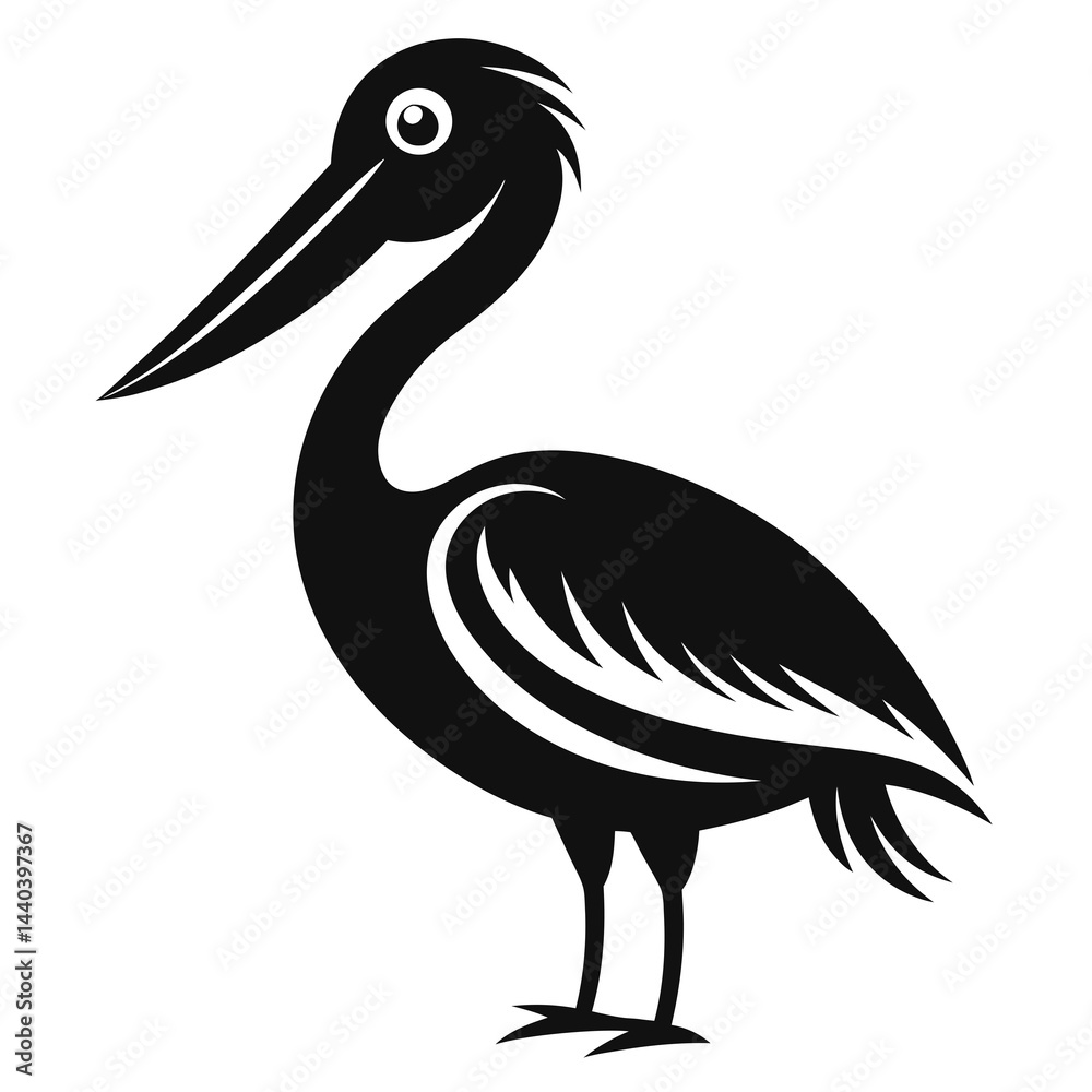 Fototapeta premium Pelican silhouette in black and white illustration, vector style bird design