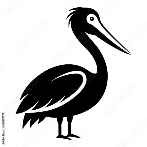 Pelican silhouette in black and white illustration, vector style bird design