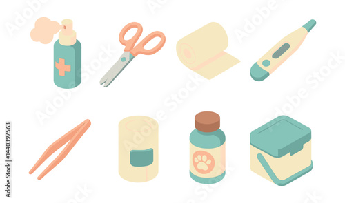Medical kit essentials icons set – spray, scissors, thermometer, bandage, tweezers, medicine, container