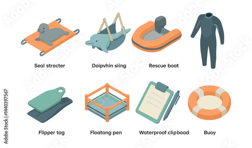 Marine safety and rescue icons set – seal stretcher, dolphin sling, rescue boat, wetsuit, buoy, clip board