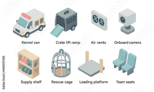 Animal shelter icons set – van, crate, vents, camera, shelf, cage, platform, seats