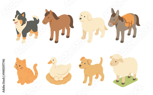 Farm and domestic animals icons set – dog, cat, horse, sheep, duck