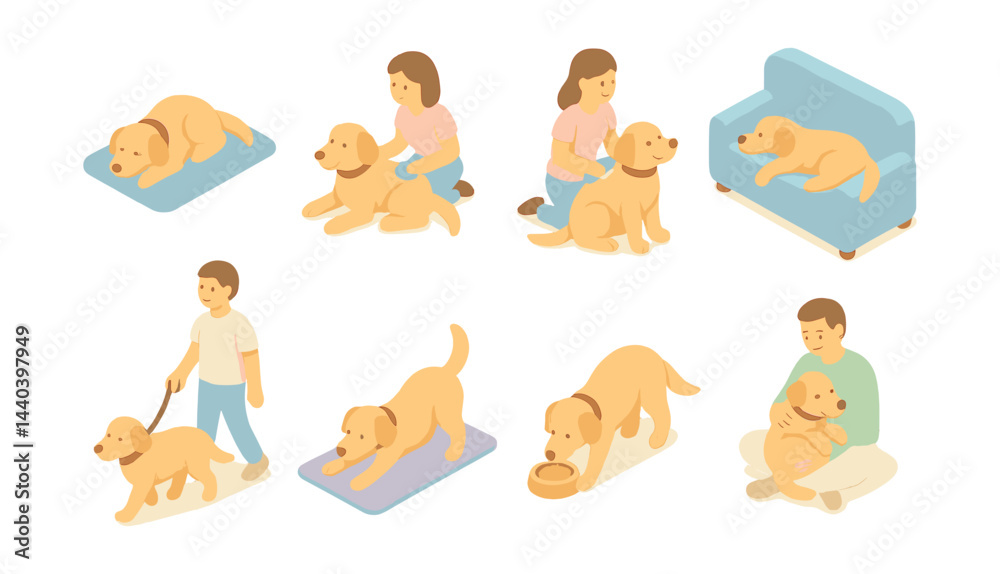 Fototapeta premium Dog care activity icons set – walking, feeding, playing, grooming, resting