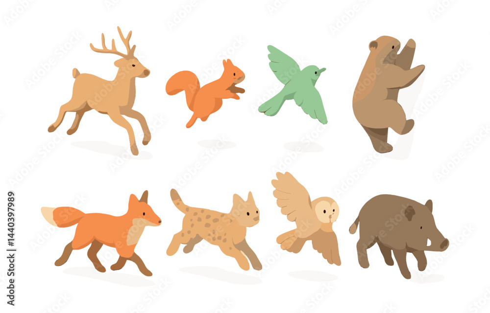 Woodland animal icons set – deer, squirrel, bird, bear, fox, lynx, owl, boar Woodland animal icons set – deer, squirrel, bird, bear, fox, lynx, owl, boar
