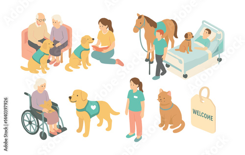 Therapy animals icons set – dogs, cats, horses, patients, wheelchair, hospital, welcome
