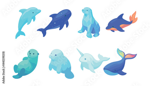 Marine animal icons set – dolphin, whale, seal, otter, narwhal, sea creatures